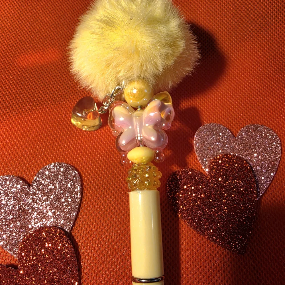 Yellow Fluffy Pom Pom Pen with Butterfly Charm And Dangling Heart Charm